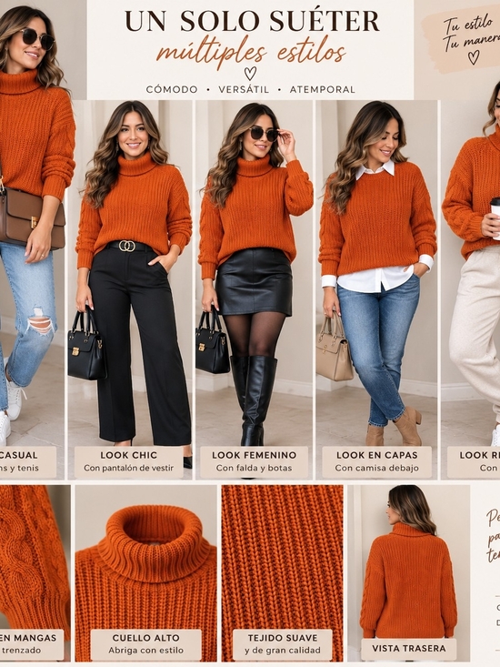 Sweaters - Chunky Turtleneck Sweater in Burnt Orange - Women